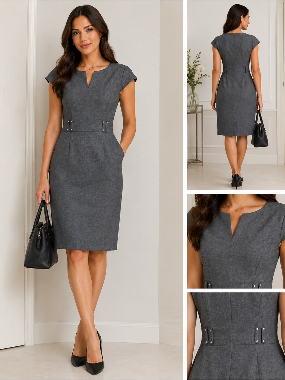 Tailored Gray Midi Sheath Dress with Notch Neckline